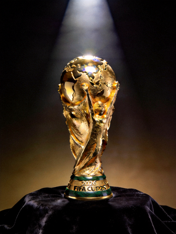 2026 FIFA世界杯大力神杯官方照片 - 金色奖杯在聚光灯下闪耀